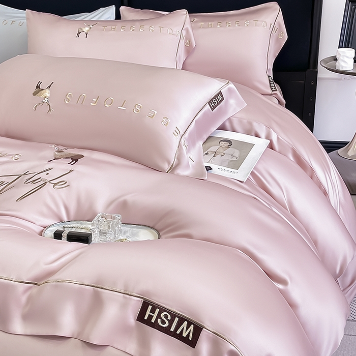 91家纺网 家纺一手货源 找家纺  2025新款夏季爆款A类兰精天丝四件套真丝重工刺绣丝滑裸睡床单床笠轻奢风纯色简约床上用品 妮鹿-太妃粉