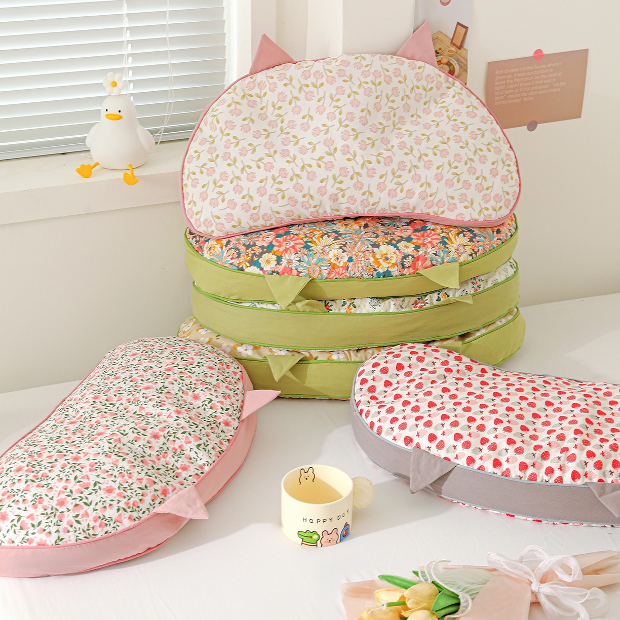 91家纺网 家纺一手货源 找家纺 亦帆枕芯 2025新款韩式全棉猫耳全荞麦壳可拆洗枕头枕芯 组合图仅供展示 55x30cm枕套加苦荞壳内芯/对