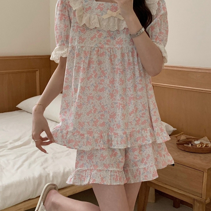 91家纺网 家纺一手货源 找家纺 （总）妍景家居生活馆 2025新款韩系蕾丝碎花方领套装款