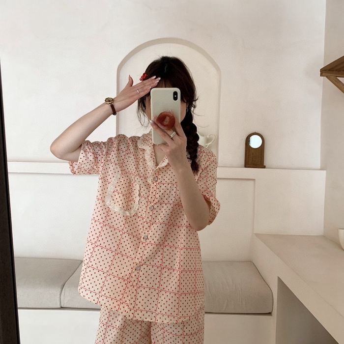 （总）妍景家居生活馆 2025新款韩系点点方块翻领套装款