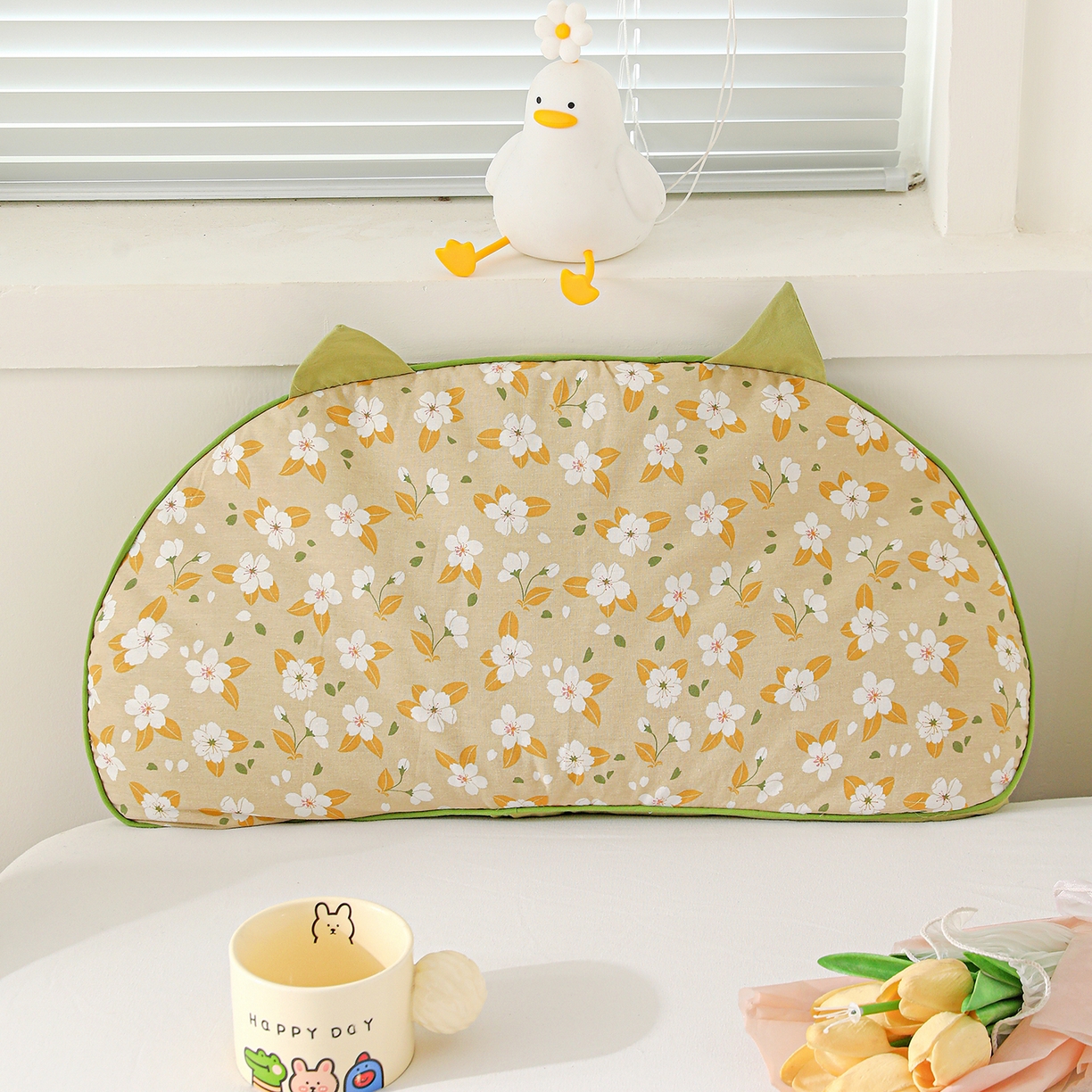 亦帆枕芯 2025新款韩式全棉猫耳全荞麦壳可拆洗枕头枕芯 全棉猫耳枕-绿耳黄底 55x30cm枕套加甜荞壳内芯/对