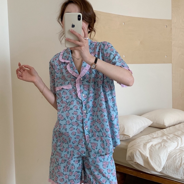 （总）妍景家居生活馆 2025新款韩系碎花木耳边翻领套装款