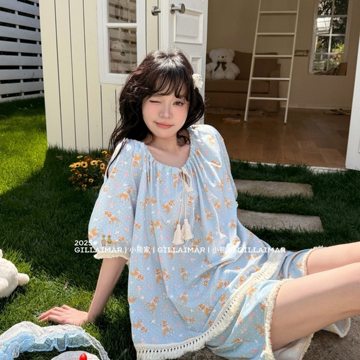 91家纺网 家纺一手货源 找家纺 妍景家居生活馆 2025新款小熊家-短裤家居服 小鹿 小鹿-蓝色