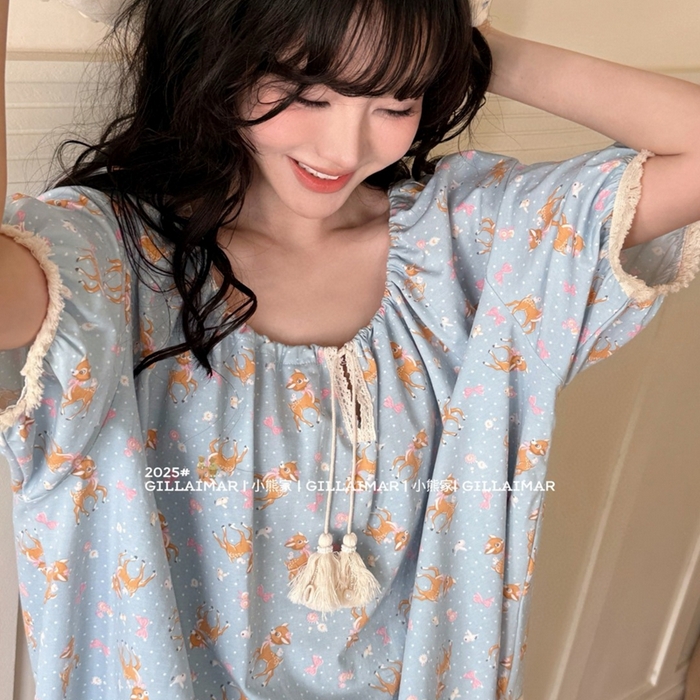 91家纺网 家纺一手货源 找家纺 妍景家居生活馆 2025新款小熊家-短裤家居服 小鹿 小鹿-蓝色