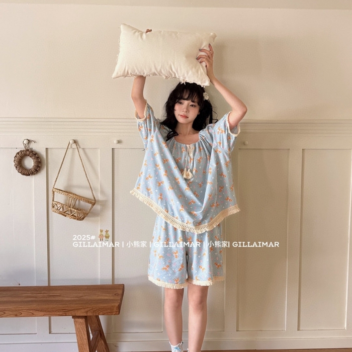 91家纺网 家纺一手货源 找家纺 妍景家居生活馆 2025新款小熊家-短裤家居服 小鹿 小鹿-蓝色