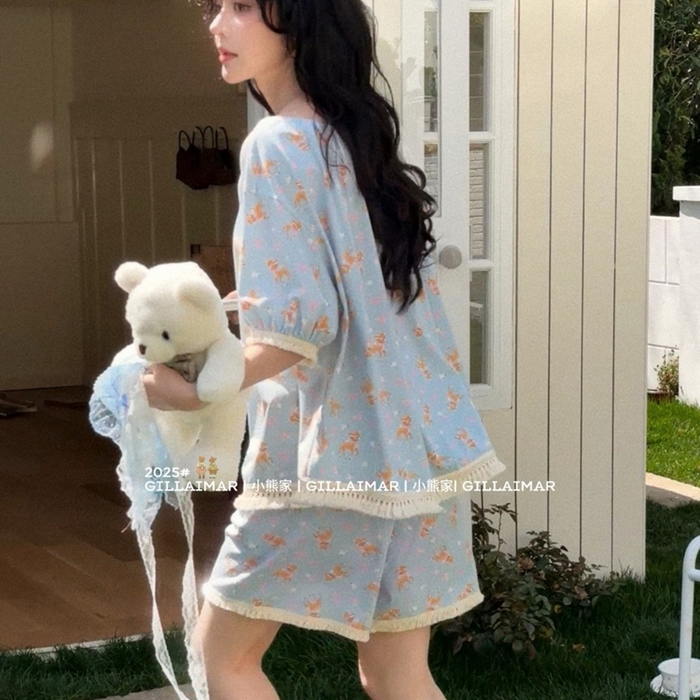 91家纺网 家纺一手货源 找家纺 妍景家居生活馆 2025新款小熊家-短裤家居服 小鹿 小鹿-蓝色