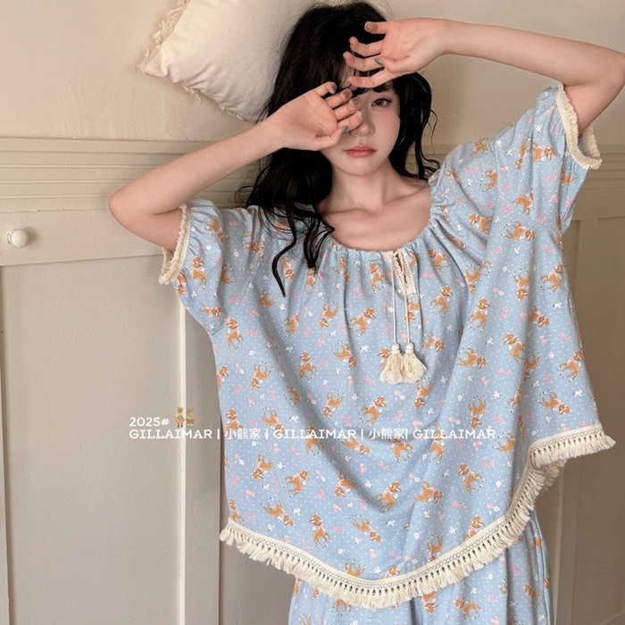 91家纺网 家纺一手货源 找家纺 妍景家居生活馆 2025新款小熊家-短裤家居服 小鹿 小鹿-蓝色