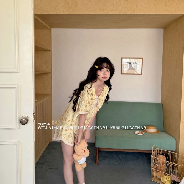 91家纺网 家纺一手货源 找家纺 妍景家居生活馆 2025新款小熊家-短裤家居服 小鹿 小鹿-黄色