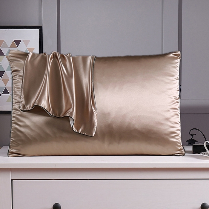 凯森家纺 2025夏季冰丝枕套天丝丝绸枕芯套高仿真丝蚕丝枕头套单人枕巾48x74cm 麻绳米金