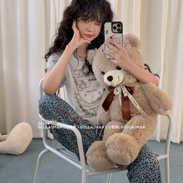 91家纺网 家纺一手货源 找家纺 妍景家居生活馆 2025新款小熊家-豹纹KT家居服 豹纹KT-蓝色