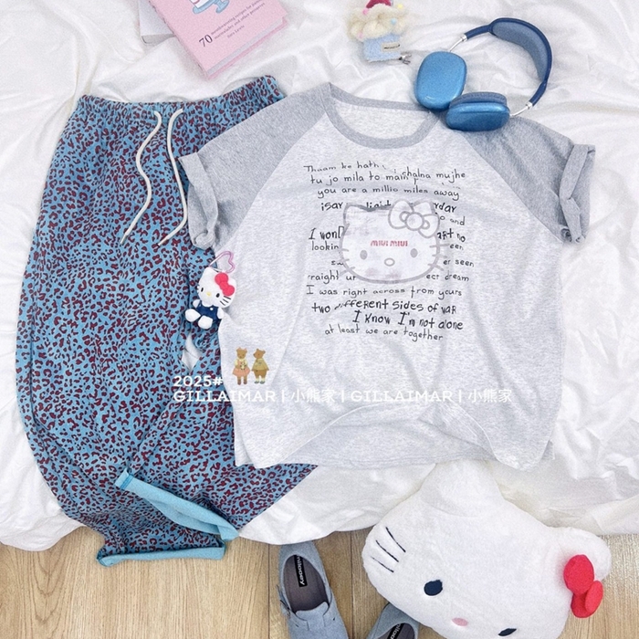 91家纺网 家纺一手货源 找家纺 妍景家居生活馆 2025新款小熊家-豹纹KT家居服 豹纹KT-蓝色