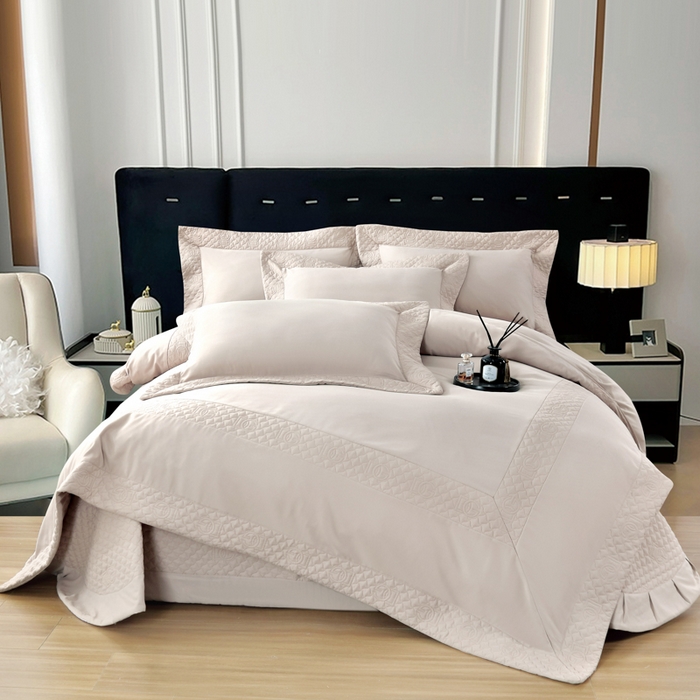 OL家纺2025新款轻奢风氧乐棉床盖夹棉防滑四件套 华尔兹-卡其