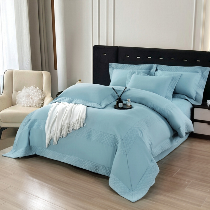 91家纺网 家纺一手货源 找家纺 OL家纺2025新款轻奢风氧乐棉床盖夹棉防滑四件套 华尔兹-蓝色