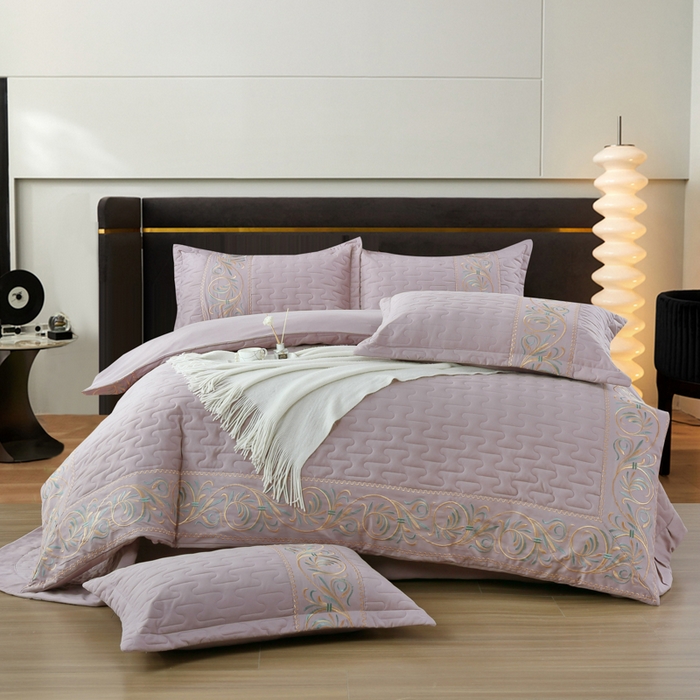 OL家纺 2025春夏新款轻奢风针织云棉床盖夹绵防滑床盖款四件套 浅紫