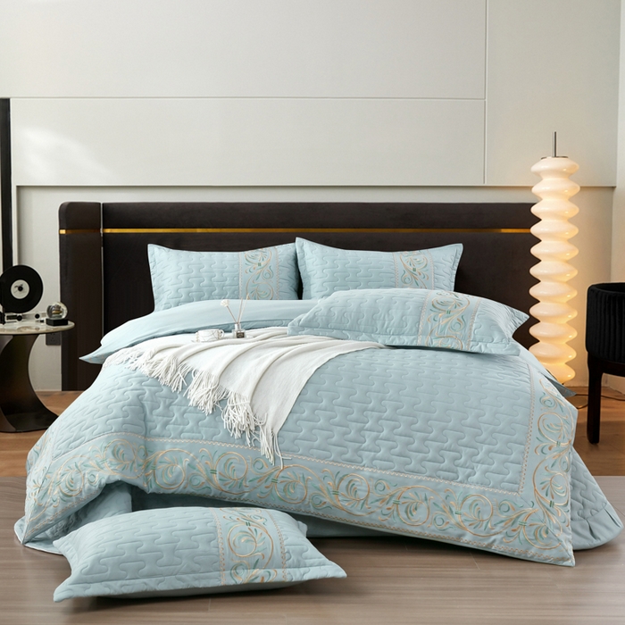 OL家纺 2025春夏新款轻奢风针织云棉床盖夹绵防滑床该款四件套 水蓝