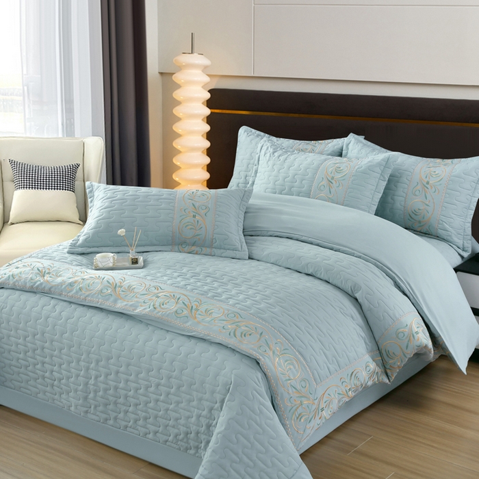 91家纺网 家纺一手货源 找家纺 OL家纺 2025春夏新款轻奢风针织云棉床盖夹绵防滑床该款四件套 水蓝