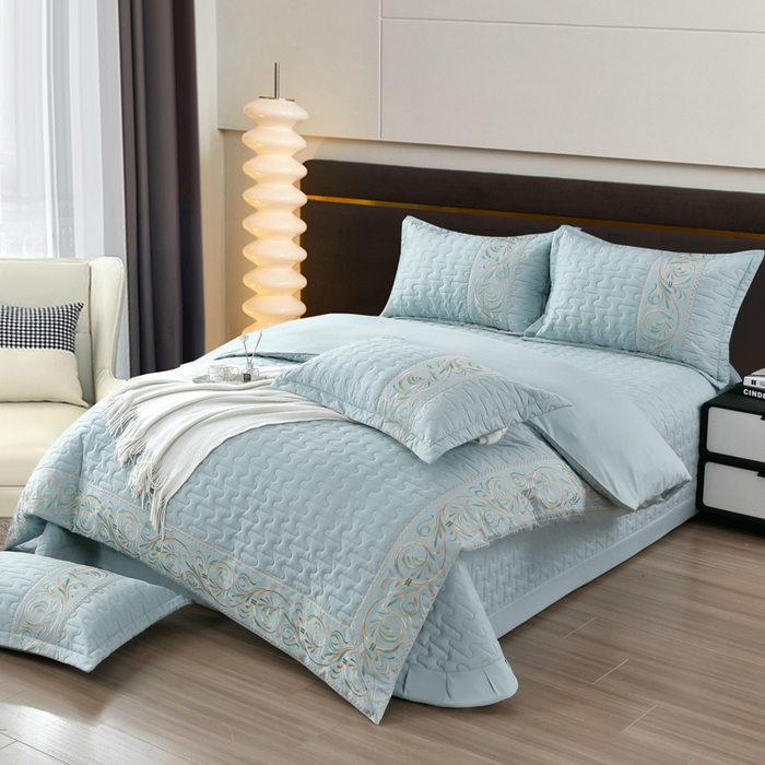 91家纺网 家纺一手货源 找家纺 OL家纺 2025春夏新款轻奢风针织云棉床盖夹绵防滑床该款四件套 水蓝