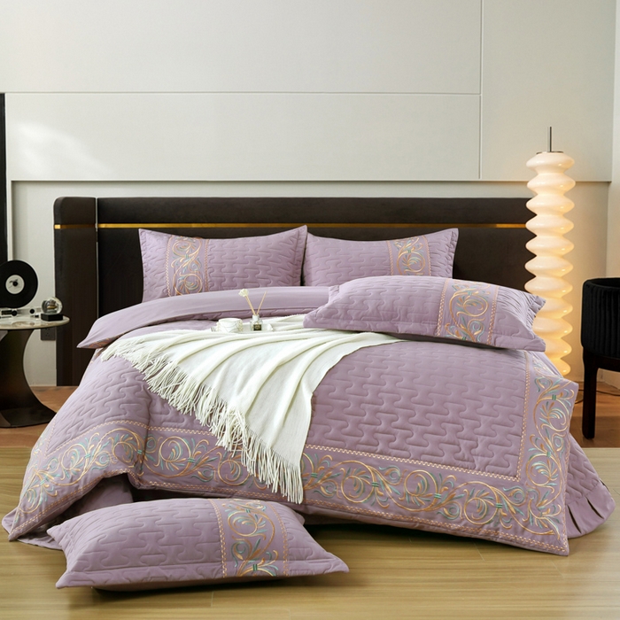 OL家纺 2025春夏新款轻奢风针织云棉床盖夹绵防滑床盖款四件套 紫色