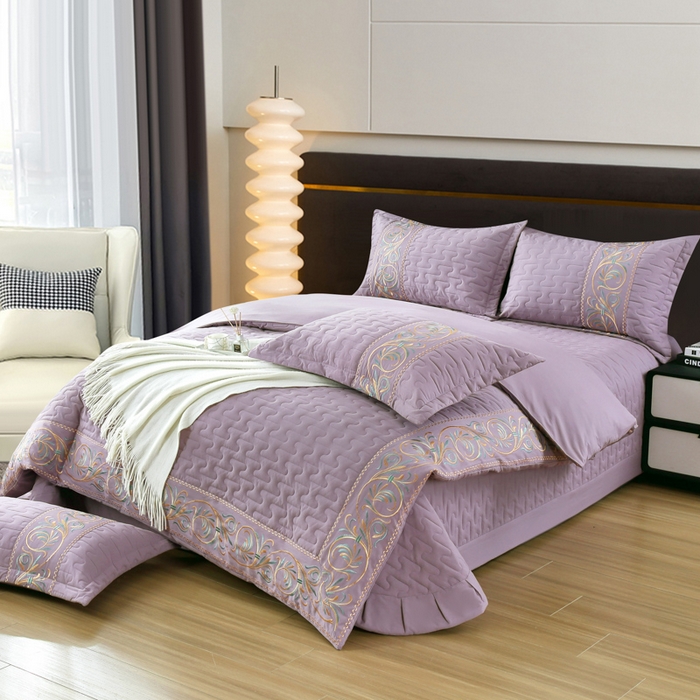 91家纺网 家纺一手货源 找家纺 OL家纺 2025春夏新款轻奢风针织云棉床盖夹绵防滑床盖款四件套 紫色