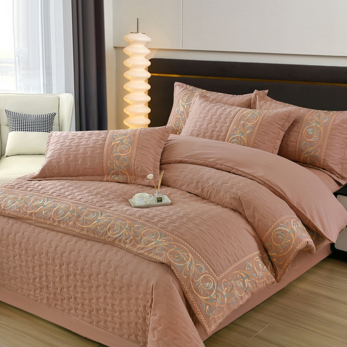 91家纺网 家纺一手货源 找家纺 OL家纺 2025春夏新款轻奢风针织云棉床盖夹绵防滑床该款四件套 豆沙