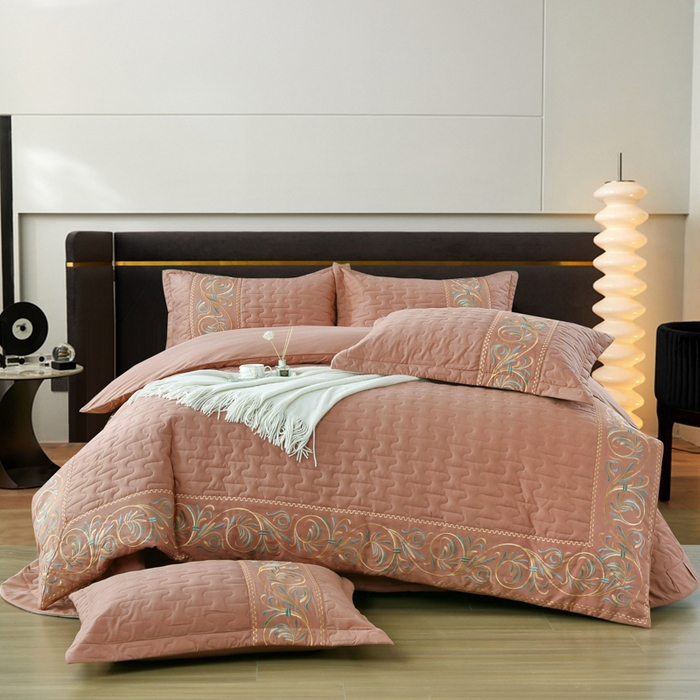 OL家纺 2025春夏新款轻奢风针织云棉床盖夹绵防滑床该款四件套 豆沙