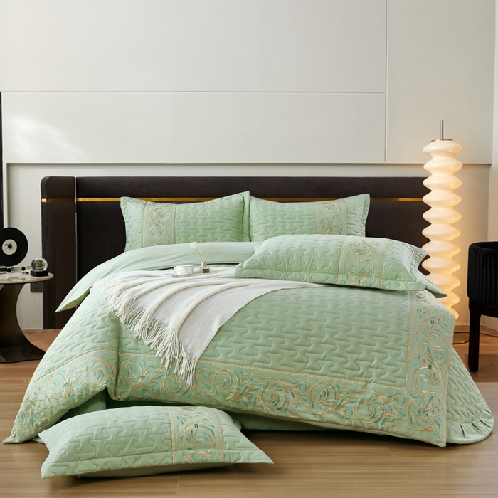 OL家纺 2025春夏新款轻奢风针织云棉床盖夹绵防滑床盖款四件套 果绿