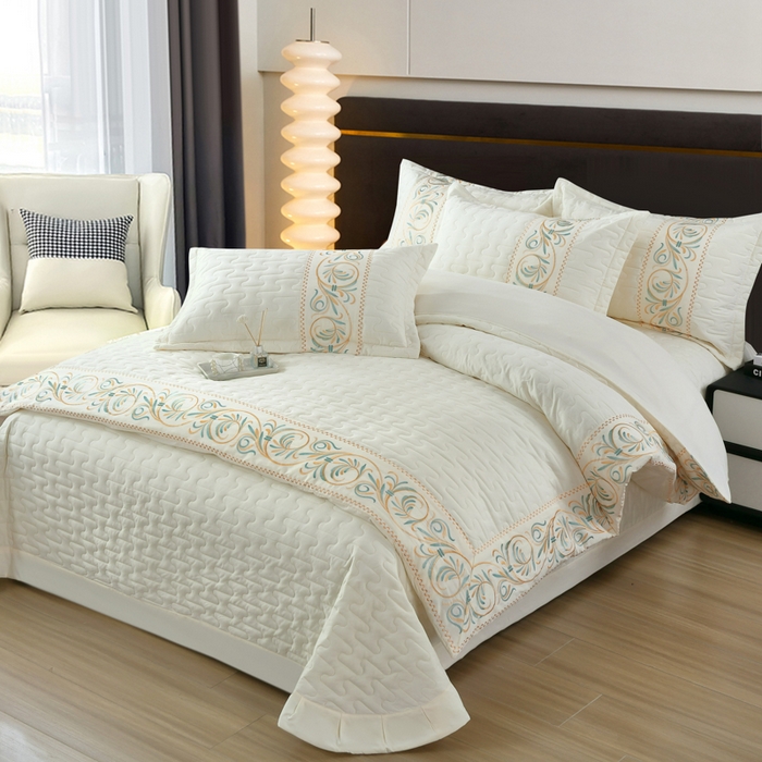 91家纺网 家纺一手货源 找家纺 OL家纺 2025春夏新款轻奢风针织云棉床盖夹绵防滑床该款四件套 米白