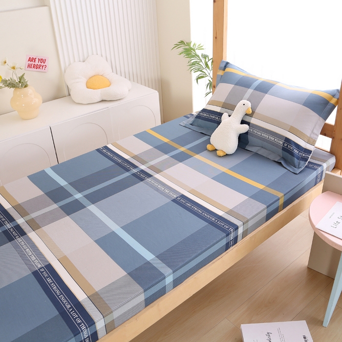 91家纺网 家纺一手货源 找家纺 凯森家纺 2024新款13372全棉印花学生床笠宿舍寝室床垫保护套上下铺床笠90x190 卡乐-蓝