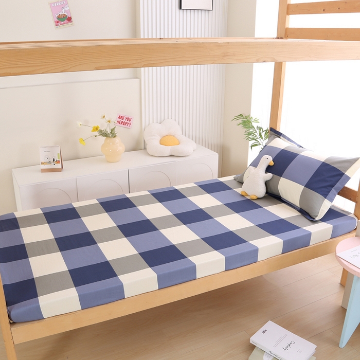 91家纺网 家纺一手货源 找家纺 凯森家纺 2024新款13372全棉印花学生床笠宿舍寝室床垫保护套上下铺床笠90x190 格调-蓝