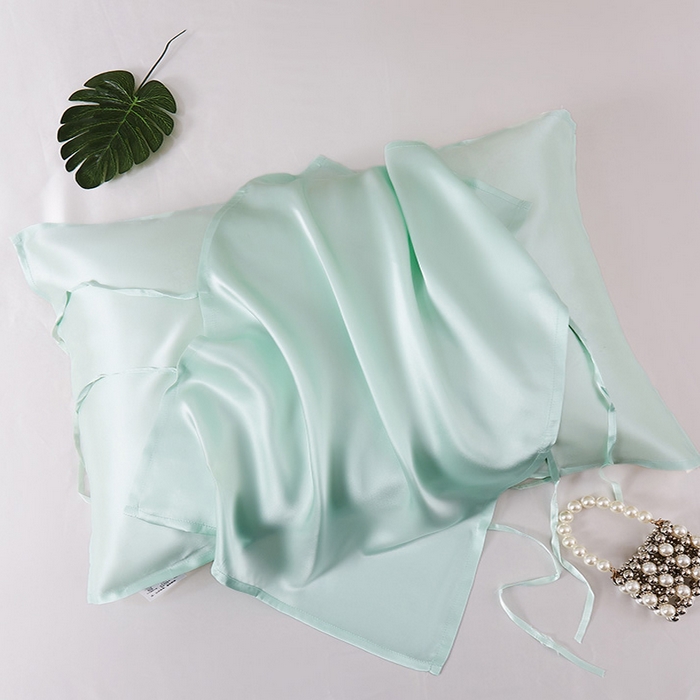 91家纺网 家纺一手货源 找家纺 凯森家纺 重磅纯真丝枕巾100%桑蚕丝丝绸枕皮枕头巾乳胶枕套夏季冰丝美 容透气绑带款枕头巾一只纯色 牛油果绿 50x75cm真丝枕巾一对装
