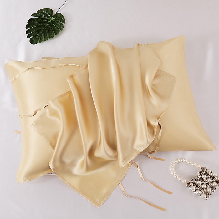 91家纺网 家纺一手货源 找家纺 凯森家纺 重磅纯真丝枕巾100%桑蚕丝丝绸枕皮枕头巾乳胶枕套夏季冰丝美 容透气绑带款枕头巾一只纯色 麦穗金 50x75cm真丝枕巾一对装