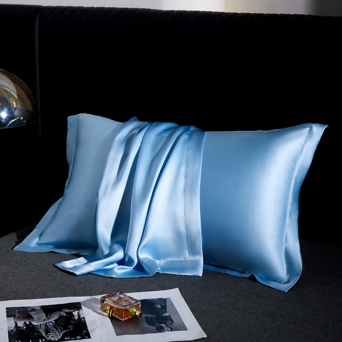 91家纺网 家纺一手货源 找家纺 凯森家纺 重磅纯真丝枕套一对100%桑蚕丝枕芯套美 容丝绸缎面枕头套夏季冰丝枕巾枕头套 雾霾蓝