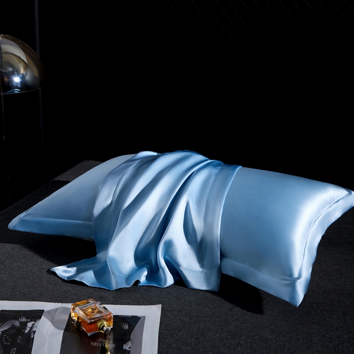 91家纺网 家纺一手货源 找家纺 凯森家纺 重磅纯真丝枕套一对100%桑蚕丝枕芯套美 容丝绸缎面枕头套夏季冰丝枕巾枕头套 雾霾蓝