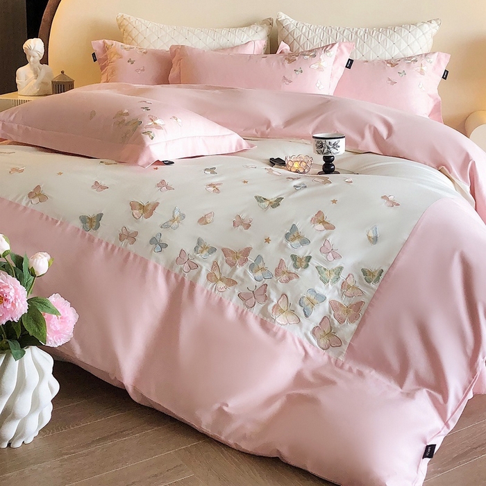 91家纺网 家纺一手货源 找家纺 （总）卡姿家纺 2025新款清新风格刺绣四件套-- 彩蝶