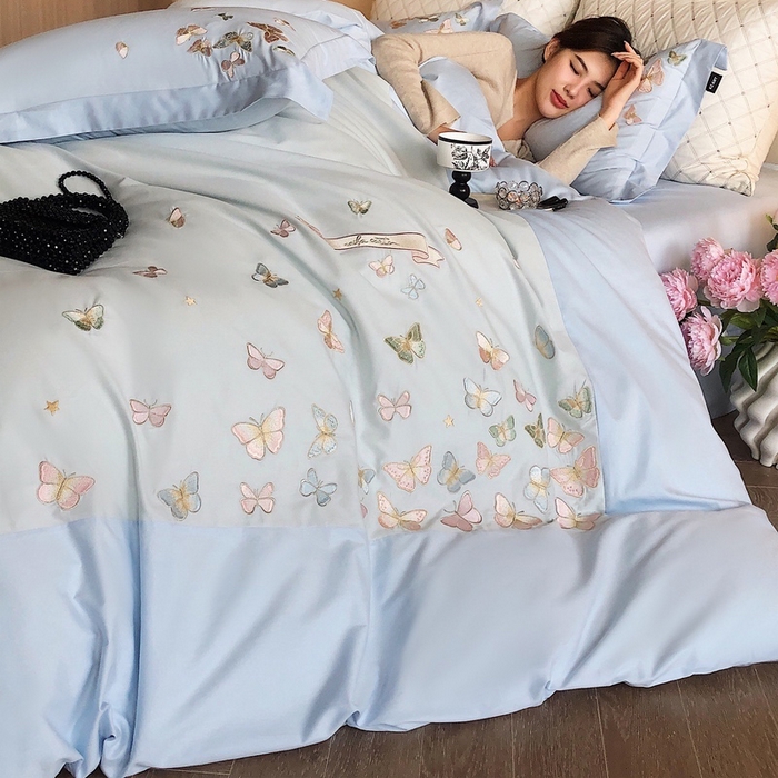 91家纺网 家纺一手货源 找家纺 卡姿家纺 2025新款清新风格刺绣四件套-- 彩蝶 彩蝶-蓝