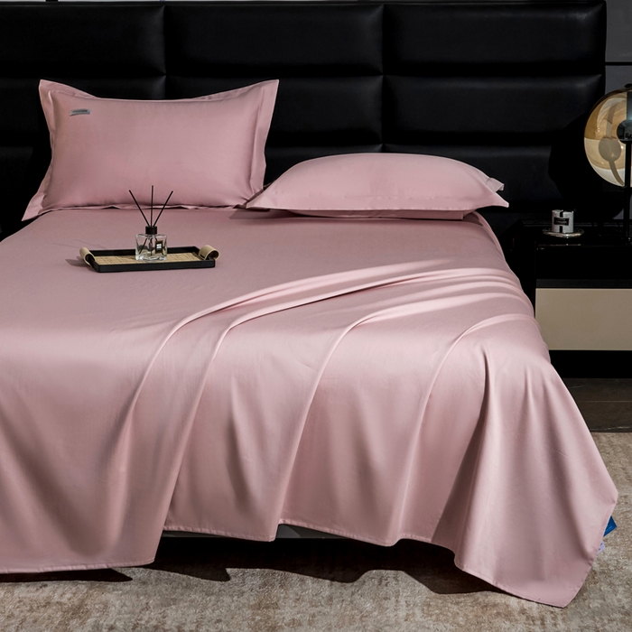 91家纺网 家纺一手货源 找家纺 凯森家纺 高端新疆100支长绒棉床单单件纯棉全棉单双人贡缎加厚被单三件套简约纯色床单床笠 床单-梦幻粉