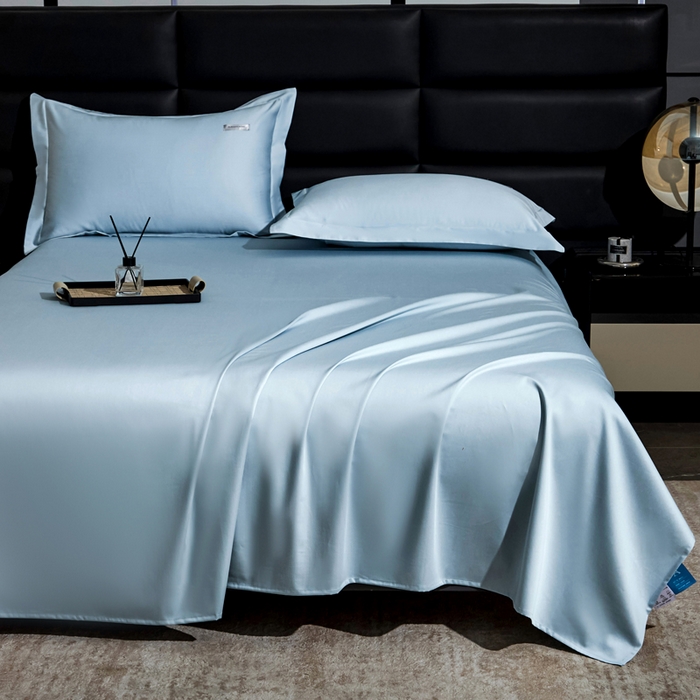 91家纺网 家纺一手货源 找家纺 凯森家纺 高端新疆100支长绒棉床单单件纯棉全棉单双人贡缎加厚被单三件套简约纯色床单床笠 床单-月光蓝