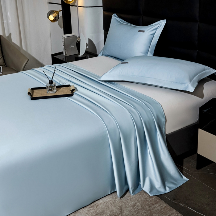 91家纺网 家纺一手货源 找家纺 凯森家纺 高端新疆100支长绒棉床单单件纯棉全棉单双人贡缎加厚被单三件套简约纯色床单床笠 床单-月光蓝