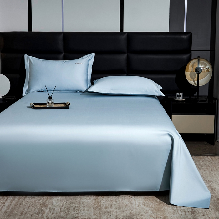 91家纺网 家纺一手货源 找家纺 凯森家纺 高端新疆100支长绒棉床单单件纯棉全棉单双人贡缎加厚被单三件套简约纯色床单床笠 床单-月光蓝