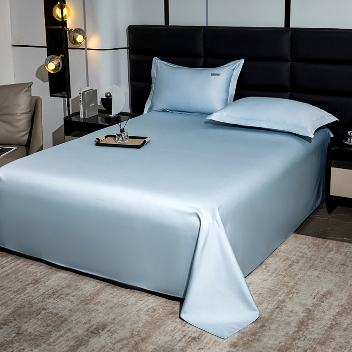 91家纺网 家纺一手货源 找家纺 凯森家纺 高端新疆100支长绒棉床单单件纯棉全棉单双人贡缎加厚被单三件套简约纯色床单床笠 床单-月光蓝