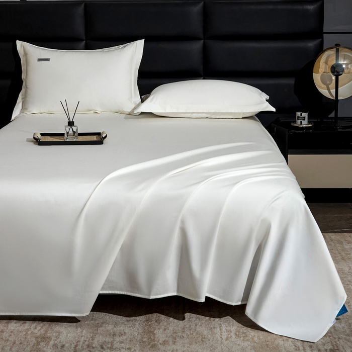 91家纺网 家纺一手货源 找家纺 凯森家纺 高端新疆100支长绒棉床单单件纯棉全棉单双人贡缎加厚被单三件套简约纯色床单床笠 床单-月光白