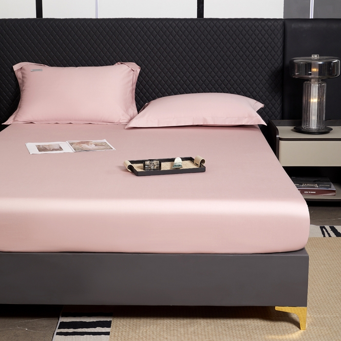 91家纺网 家纺一手货源 找家纺 凯森家纺 高端新疆100支长绒棉床单单件纯棉全棉单双人贡缎加厚被单三件套简约纯色床单床笠 床笠-梦幻粉