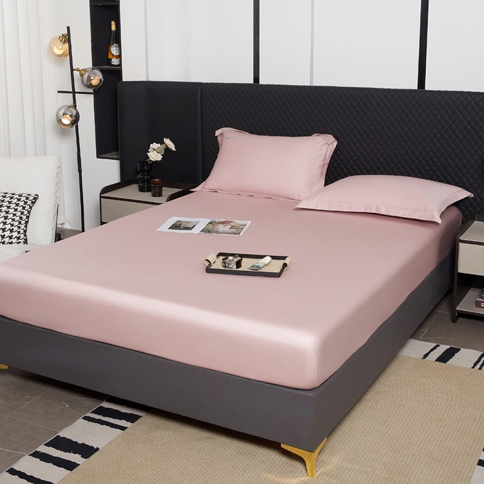 91家纺网 家纺一手货源 找家纺 凯森家纺 高端新疆100支长绒棉床单单件纯棉全棉单双人贡缎加厚被单三件套简约纯色床单床笠 床笠-梦幻粉