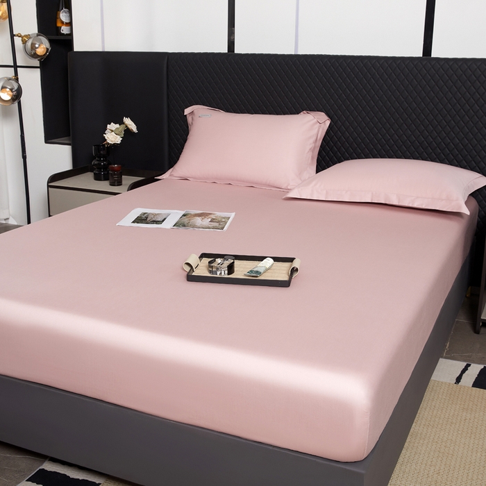 91家纺网 家纺一手货源 找家纺 凯森家纺 高端新疆100支长绒棉床单单件纯棉全棉单双人贡缎加厚被单三件套简约纯色床单床笠 床笠-梦幻粉