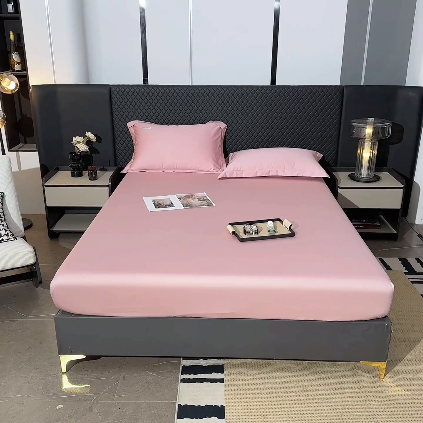 91家纺网 家纺一手货源 找家纺 凯森家纺 高端新疆100支长绒棉床单单件纯棉全棉单双人贡缎加厚被单三件套简约纯色床单床笠 床笠-梦幻粉