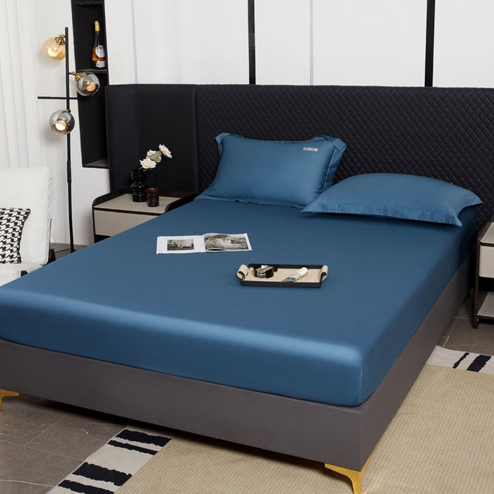 91家纺网 家纺一手货源 找家纺 凯森家纺 高端新疆100支长绒棉床单单件纯棉全棉单双人贡缎加厚被单三件套简约纯色床单床笠 床笠-群青蓝