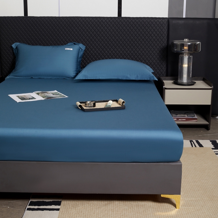 91家纺网 家纺一手货源 找家纺 凯森家纺 高端新疆100支长绒棉床单单件纯棉全棉单双人贡缎加厚被单三件套简约纯色床单床笠 床笠-群青蓝