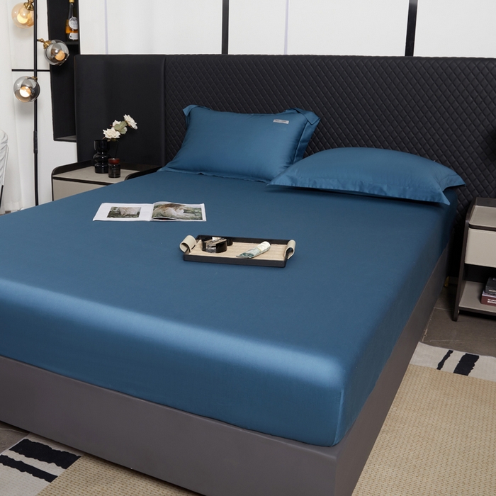 91家纺网 家纺一手货源 找家纺 凯森家纺 高端新疆100支长绒棉床单单件纯棉全棉单双人贡缎加厚被单三件套简约纯色床单床笠 床笠-群青蓝