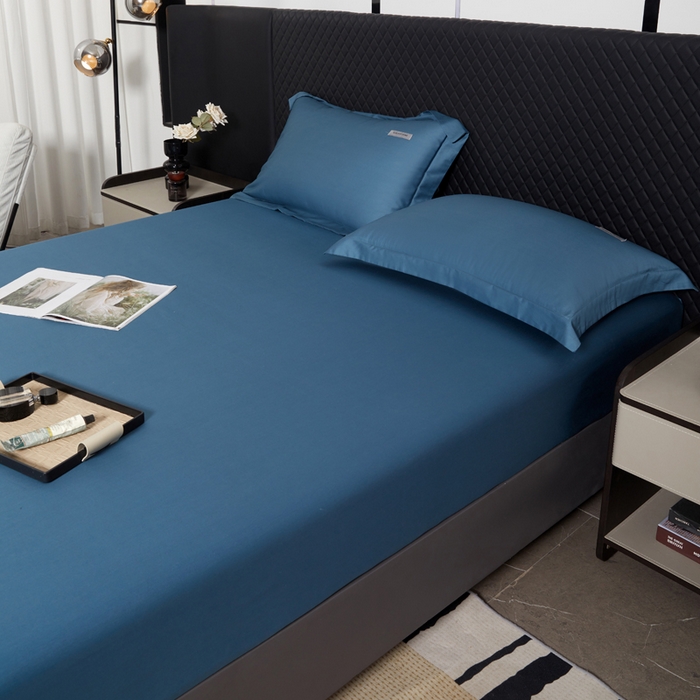91家纺网 家纺一手货源 找家纺 凯森家纺 高端新疆100支长绒棉床单单件纯棉全棉单双人贡缎加厚被单三件套简约纯色床单床笠 床笠-群青蓝