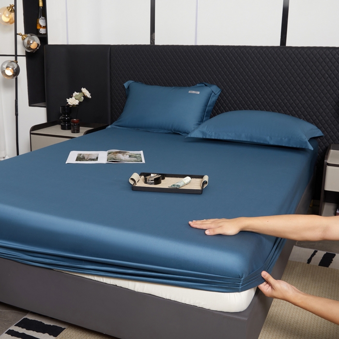 91家纺网 家纺一手货源 找家纺 凯森家纺 高端新疆100支长绒棉床单单件纯棉全棉单双人贡缎加厚被单三件套简约纯色床单床笠 床笠-群青蓝